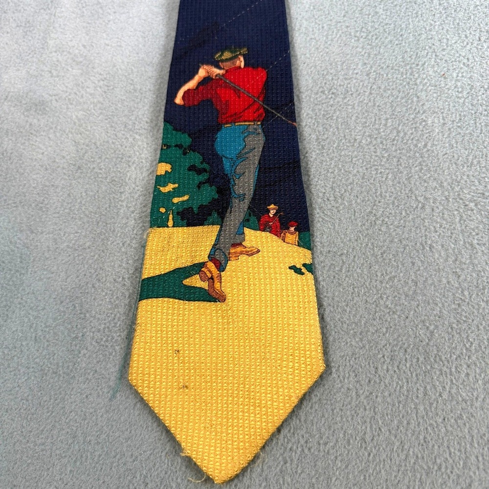 American Gallery Mens Silk Golf Scene Necktie Navy Blue Red Golfer Graphic Tie